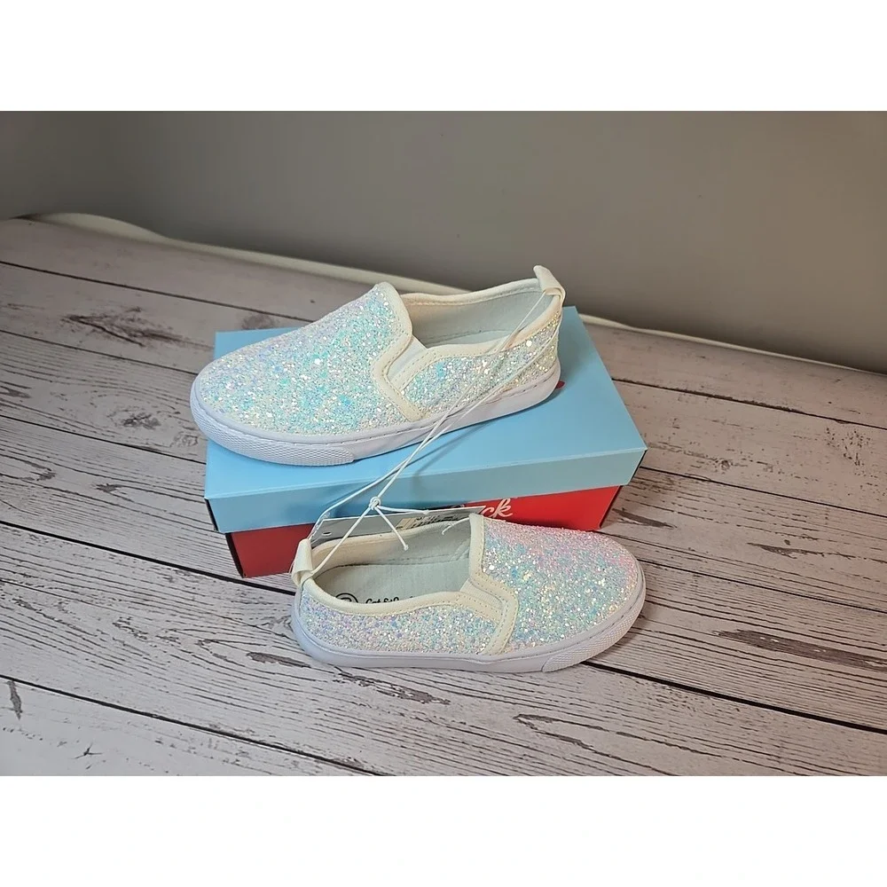 Cat & Jack Girl Size 10 Madigan White Glitter Sparkle Slip on Casual Shoes *New*
